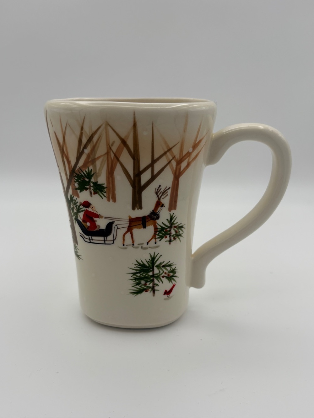 Hallmark Hand Painted Santa Reindeer Tall Christmas Mug Cardinals